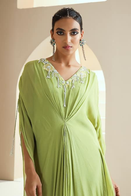 Buy_Seema Thukral_Green Chiffon, Lining Satin Floral Motifs V Neck Embroidered Draped Kaftan_Online_at_Aza_Fashions