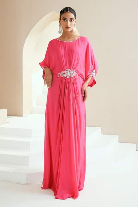 Seema Thukral Pink Chiffon, Satin Embroidery Embellished Dress With Batwing Sleeves For Kids Online at Aza Fashions Seema Thukral_Pink Chiffon, Satin Embroidery Embellished Dress With Batwing Sleeves For Kids_Online_at_Aza_Fashions