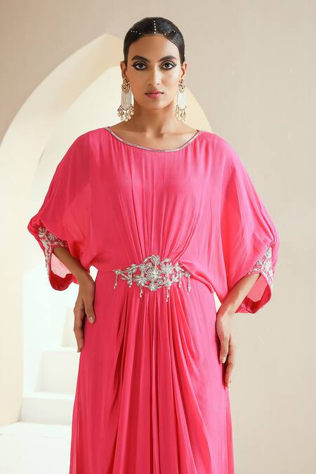 Shop Seema Thukral Pink Chiffon, Satin Embroidery Embellished Dress With Batwing Sleeves For Kids Online at Aza Fashions Shop_Seema Thukral_Pink Chiffon, Satin Embroidery Embellished Dress With Batwing Sleeves For Kids_Online_at_Aza_Fashions
