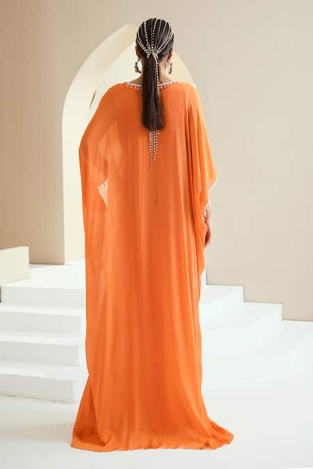 Shop Seema Thukral Orange Chiffon, Lining Satin Pearls, Glass Floral Placement Embellished Kaftan at Aza Fashions Shop_Seema Thukral_Orange Chiffon, Lining Satin Pearls, Glass Floral Placement Embellished Kaftan _at_Aza_Fashions