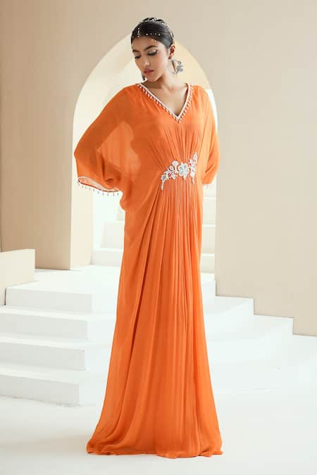 Seema Thukral Orange Chiffon, Lining Satin Pearls, Glass Floral Placement Embellished Kaftan Online at Aza Fashions Seema Thukral_Orange Chiffon, Lining Satin Pearls, Glass Floral Placement Embellished Kaftan _Online_at_Aza_Fashions