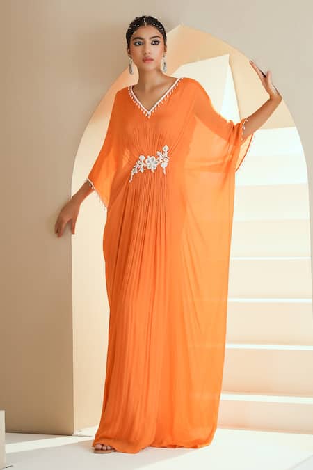 Buy Seema Thukral Orange Chiffon, Lining Satin Pearls, Glass Floral Placement Embellished Kaftan Online at Aza Fashions Buy_Seema Thukral_Orange Chiffon, Lining Satin Pearls, Glass Floral Placement Embellished Kaftan _Online_at_Aza_Fashions