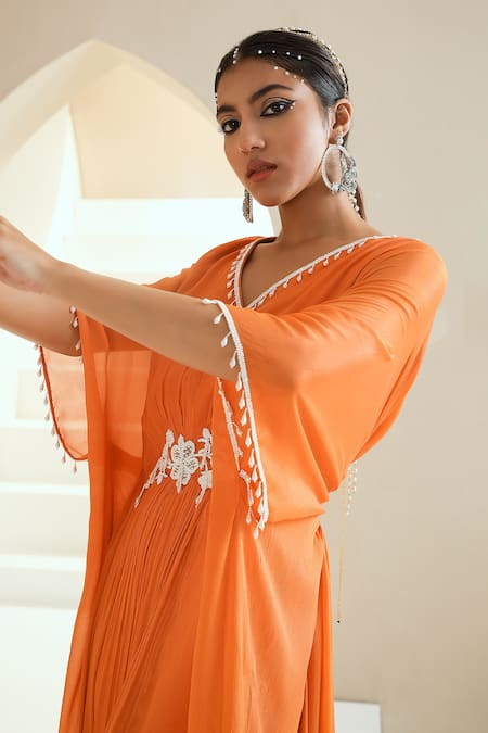 Seema Thukral Orange Chiffon, Lining Satin Pearls, Glass Floral Placement Embellished Kaftan at Aza Fashions Seema Thukral_Orange Chiffon, Lining Satin Pearls, Glass Floral Placement Embellished Kaftan _at_Aza_Fashions