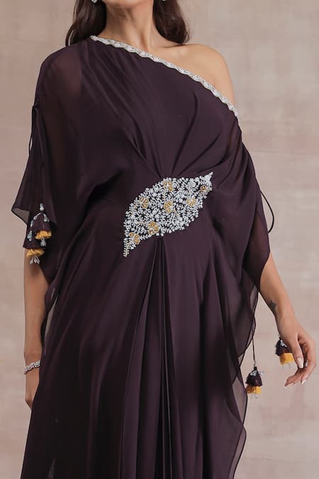 Seema Thukral_Purple Georgette 60 Gms, Satin Lining Floral One Shoulder Pleated Kaftan _Online_at_Aza_Fashions