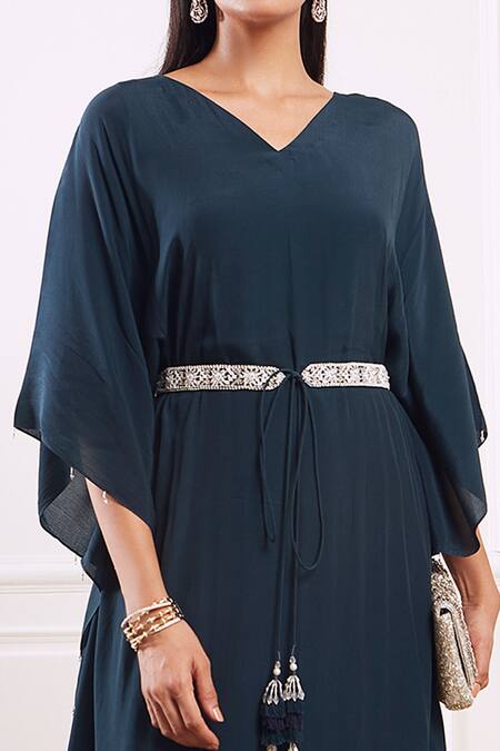 Seema Thukral_Green Crepe Lining Satin V Neck Flared Kaftan_Online_at_Aza_Fashions