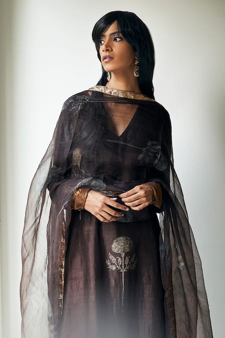 Shop_Shorshe Clothing_Brown Silk Organza Floral, Gota Patti Lace Printed Dupatta _at_Aza_Fashions