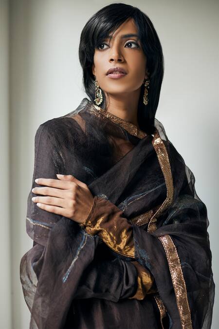Shorshe Clothing_Brown Silk Organza Floral, Gota Patti Lace Printed Dupatta _Online_at_Aza_Fashions