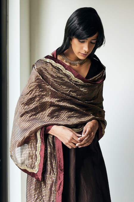 Shop_Shorshe Clothing_Brown Handloom Striped Tissue Lace Woven Dupatta _at_Aza_Fashions