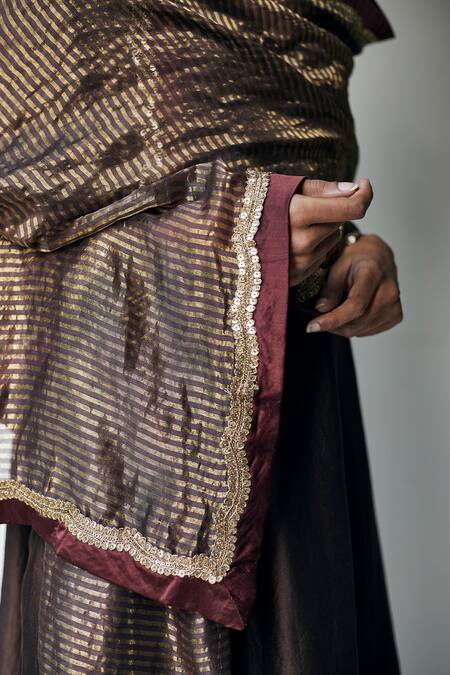 Shorshe Clothing_Brown Handloom Striped Tissue Lace Woven Dupatta _Online_at_Aza_Fashions