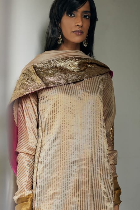 Shorshe Clothing_Beige Chanderi Gota Patti Dupatta_Online_at_Aza_Fashions
