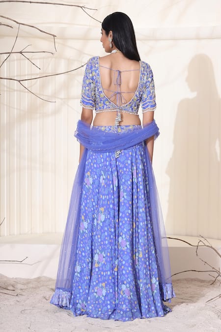 Shop_Seema Thukral_Purple Chiffon, Georgette And Net Floral Print, Glass Beads, Beads, Lehenga Set _at_Aza_Fashions