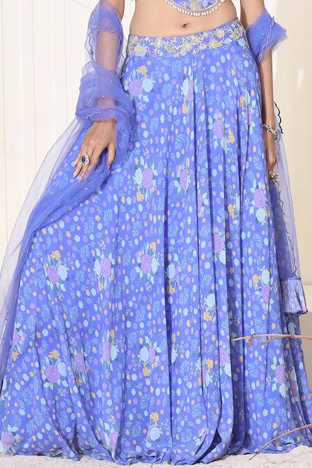 Buy_Seema Thukral_Purple Chiffon, Georgette And Net Floral Print, Glass Beads, Beads, Lehenga Set _Online_at_Aza_Fashions