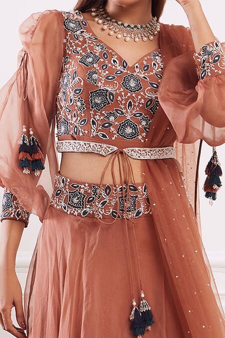 Seema Thukral Brown Blouse Georgette Skirt Organza Lining Satin Dupatta Lehenga Set Online at Aza Fashions Seema Thukral_Brown Blouse Georgette Skirt Organza Lining Satin Dupatta Lehenga Set _Online_at_Aza_Fashions