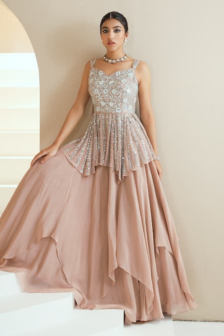 Seema Thukral_Beige Dupatta Chiffon, Kurta Georgette, Lining Embellished Peplum And Set _Online_at_Aza_Fashions