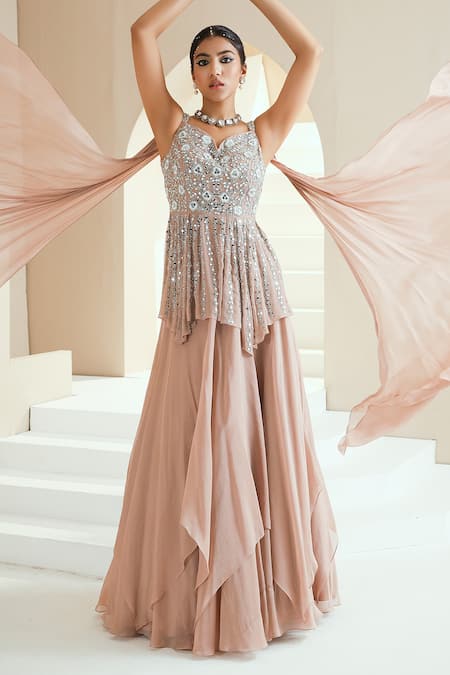 Buy_Seema Thukral_Beige Dupatta Chiffon, Kurta Georgette, Lining Embellished Peplum And Set _Online_at_Aza_Fashions