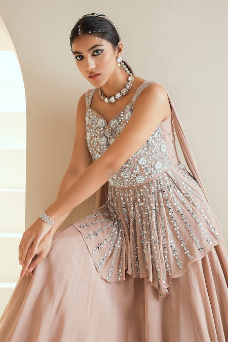 Seema Thukral_Beige Dupatta Chiffon, Kurta Georgette, Lining Embellished Peplum And Set _at_Aza_Fashions