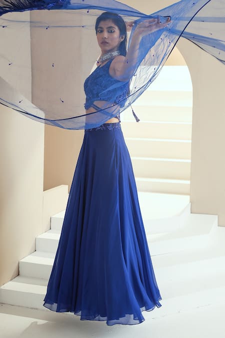Seema Thukral_Blue Choli Georgette, Dupatta Net, Lining Satin, Embellished Lehenga Set_Online_at_Aza_Fashions