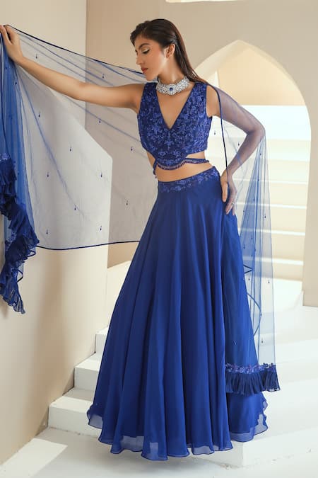 Buy_Seema Thukral_Blue Choli Georgette, Dupatta Net, Lining Satin, Embellished Lehenga Set_Online_at_Aza_Fashions