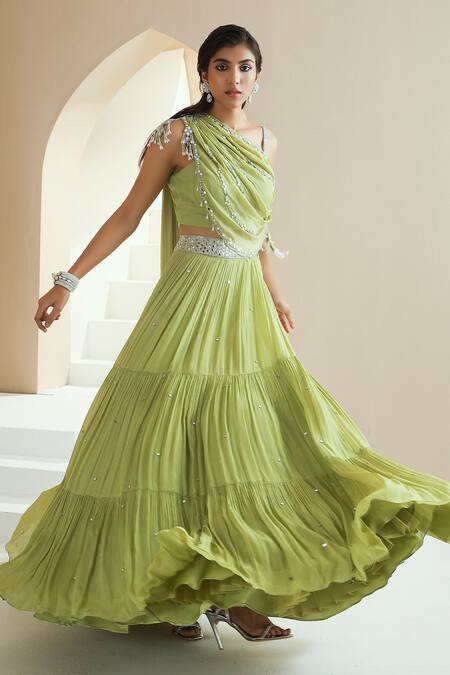 Seema Thukral_Green Chiffon, Lining Satin Zari And Draped Embellished Choli & Lehenga Set_Online_at_Aza_Fashions