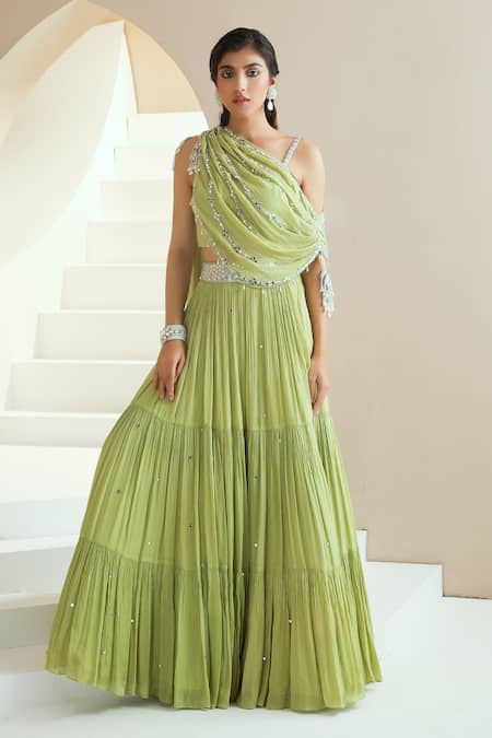 Buy_Seema Thukral_Green Chiffon, Lining Satin Zari And Draped Embellished Choli & Lehenga Set_Online_at_Aza_Fashions