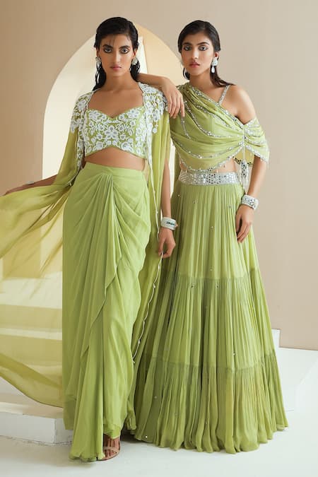 Shop_Seema Thukral_Green Chiffon, Lining Satin Zari And Draped Embellished Choli & Lehenga Set_Online_at_Aza_Fashions