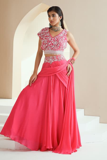 Seema Thukral_Pink Choli Georgette, Lehenga Chiffon, Lining Draped And Embroidered Set_Online_at_Aza_Fashions