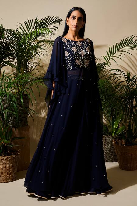 Seema Thukral Blue Cotton Silk, Pure Georgette, Satin Lining Embroidered Kurta And Skirt Set 
