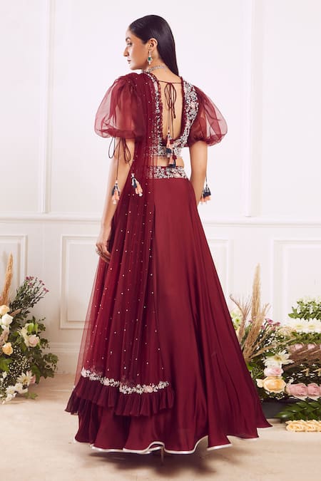 Shop_Seema Thukral_Maroon Blouse Georgette And Organza Skirt Cotton Silk Embroidered Lehenga Set _at_Aza_Fashions