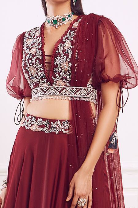 Seema Thukral_Maroon Blouse Georgette And Organza Skirt Cotton Silk Embroidered Lehenga Set _Online_at_Aza_Fashions