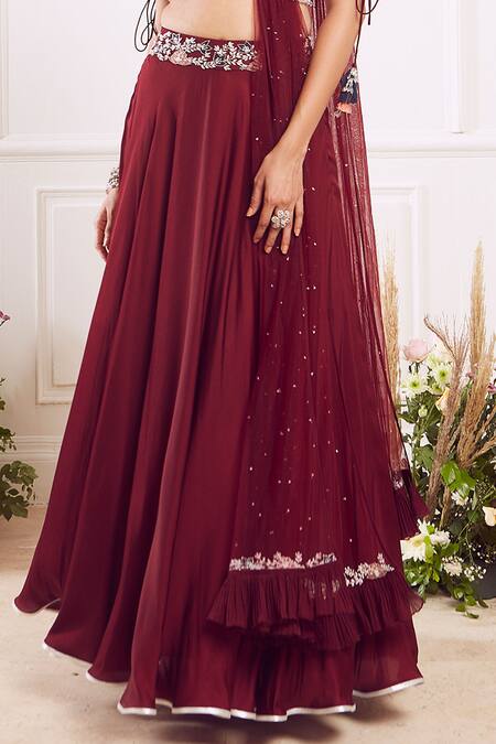 Buy_Seema Thukral_Maroon Blouse Georgette And Organza Skirt Cotton Silk Embroidered Lehenga Set _Online_at_Aza_Fashions