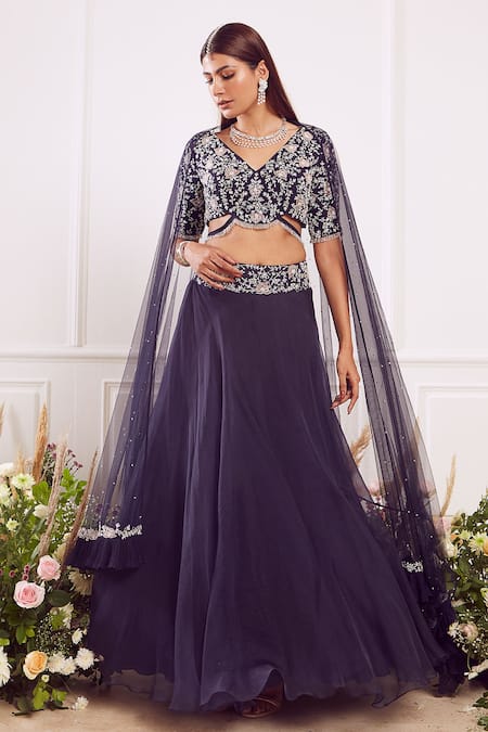 Seema Thukral Blue Blouse Georgette Skirt Organza Lining Bridal Lehenga Set 