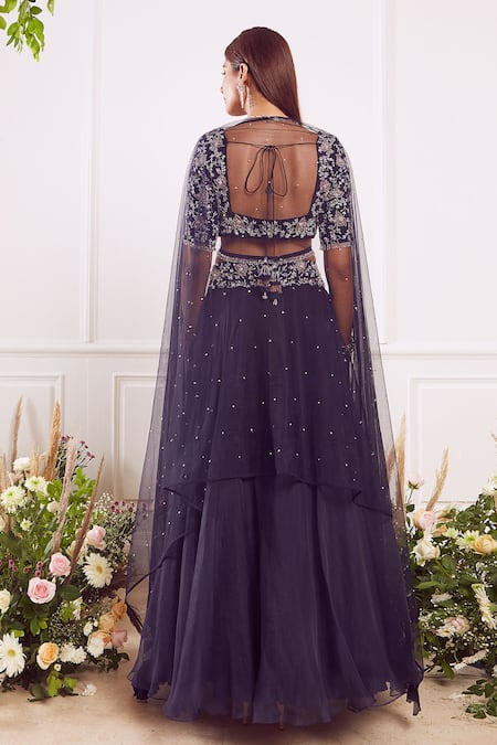 Shop_Seema Thukral_Blue Blouse Georgette Skirt Organza Lining Satin Bridal Lehenga Set _at_Aza_Fashions