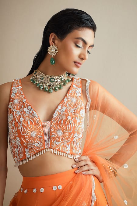 Seema Thukral_Orange Choli And Lehenga Georgette, Dupatta Net, Lining Satin Embellished Set_at_Aza_Fashions
