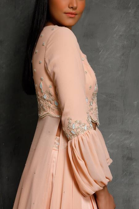 Buy_Seema Thukral_Peach Cotton Silk, Pure Georgette, Satin Lining Round Embroidered Skirt Set _Online_at_Aza_Fashions