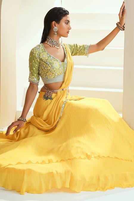 Buy_Seema Thukral_Yellow Choli Georgette, Lehenga Chiffon, Lining Draped And Embroidered Set_Online_at_Aza_Fashions
