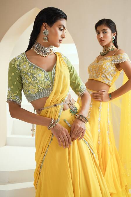 Shop_Seema Thukral_Yellow Choli Georgette, Lehenga Chiffon, Lining Draped And Embroidered Set_Online_at_Aza_Fashions