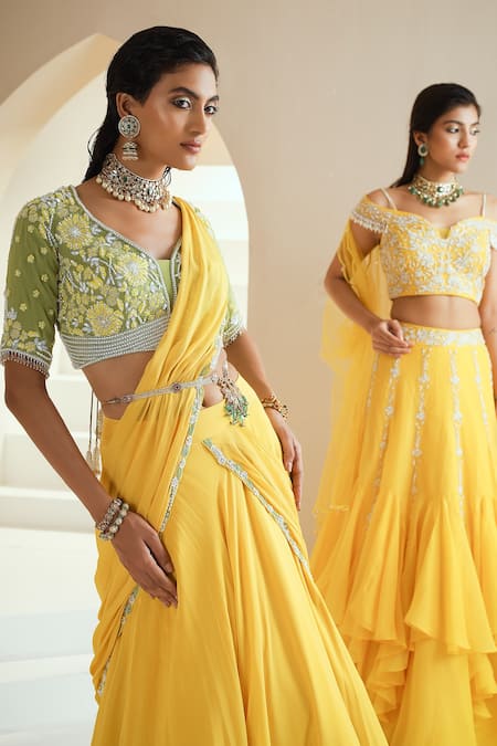 Seema Thukral_Yellow Choli Georgette, Lehenga Chiffon, Lining Draped And Embroidered Set_at_Aza_Fashions