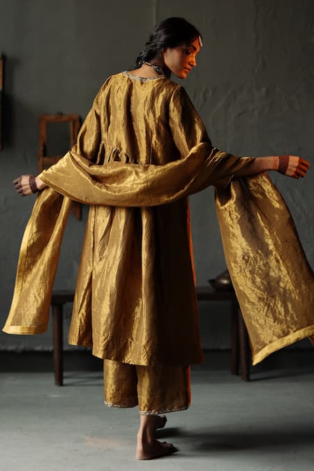 Shop_Shorshe Clothing_Gold Handloom Tissue Dupatta _at_Aza_Fashions