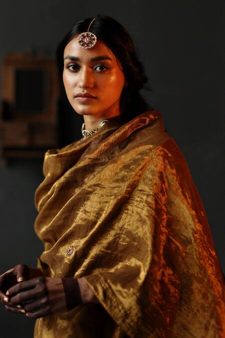 Shorshe Clothing_Gold Handloom Tissue Dupatta _Online_at_Aza_Fashions