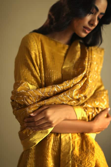 Shorshe Clothing_Yellow Gota Embroidered Chanderi Stole _Online_at_Aza_Fashions