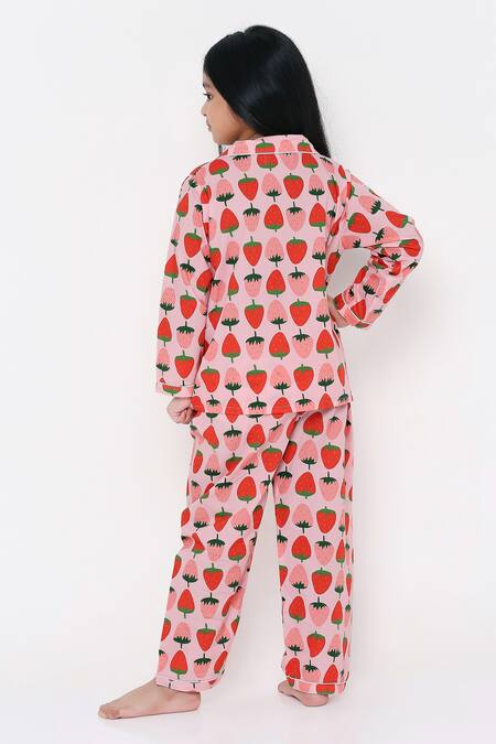 Shop Knitting Doodles Pink 100% Cotton Print Abstract Strawberry Night Suit at Aza Fashions Shop_Knitting Doodles_Pink 100% Cotton Print Abstract Strawberry Night Suit_at_Aza_Fashions