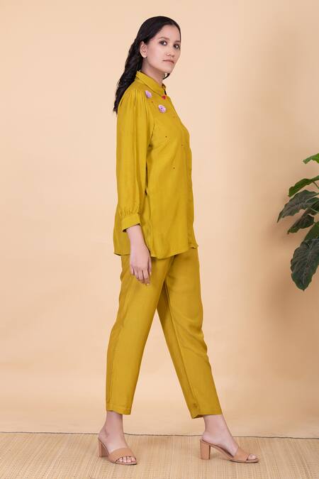 Chambray & CO._Yellow Silk Embroidery Collared Shirt And Pant Set _Online_at_Aza_Fashions