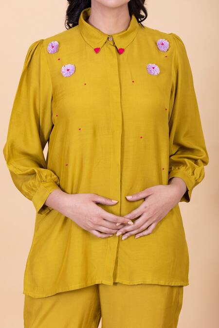 Shop_Chambray & CO._Yellow Silk Embroidery Collared Shirt And Pant Set _Online_at_Aza_Fashions