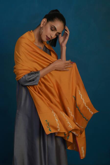 Charkhee_Yellow Embroidered Stole_Online_at_Aza_Fashions