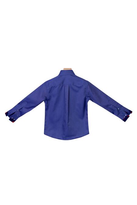 The Blue Morphology_Blue Cotton, Satin Bow Print Overflap Collared Shirt  _Online_at_Aza_Fashions