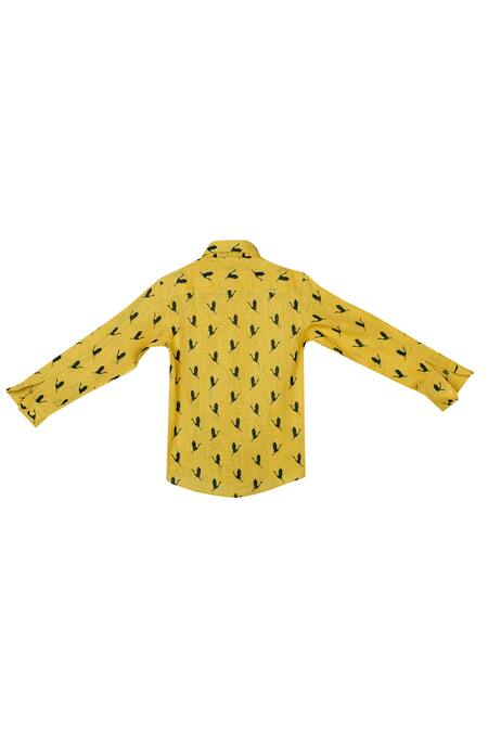 The Blue Morphology_Yellow Cotton Bird Motif Printed Shirt _Online_at_Aza_Fashions