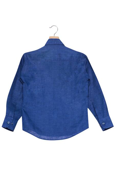 The Blue Morphology_Blue Linen Stones Embellished Shirt _Online_at_Aza_Fashions