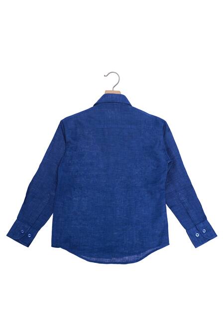 The Blue Morphology_Blue Linen Leaf Motif Printed Shirt _Online_at_Aza_Fashions
