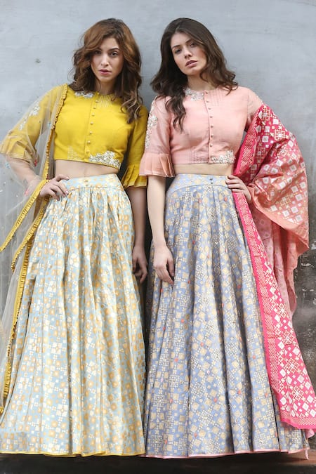 Shop_I Am Design_Grey Silk Round Printed And Embroidered Lehenga Set _Online_at_Aza_Fashions