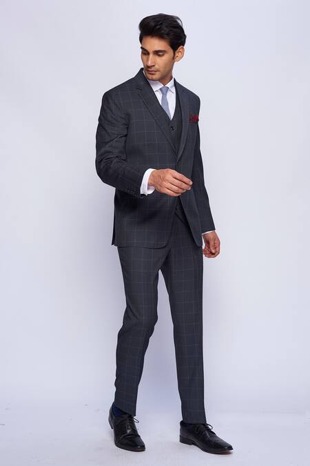 Tisa - Men_Grey Checkered Suit Set _Online_at_Aza_Fashions